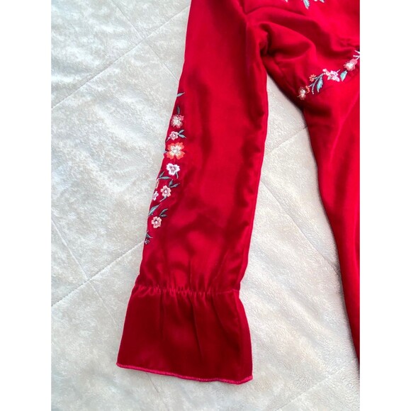 Girls Red Velvet Embroidered Dress Bell Sleeve Size 7/8 Easter Christmas Holiday - Picture 9 of 12